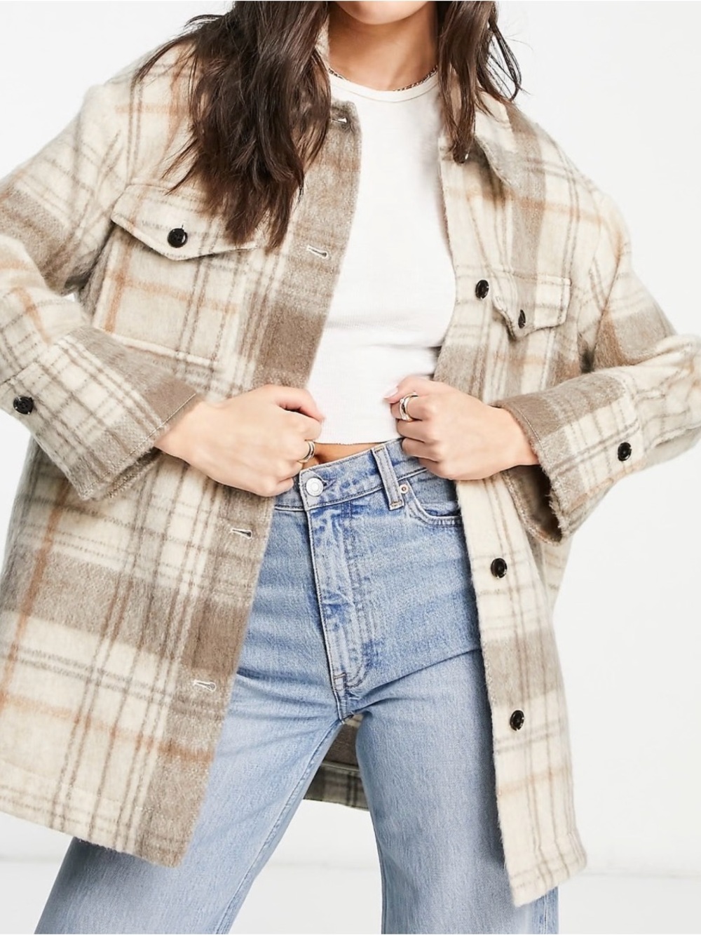 MNG Plaid Shacket in Cream and Taupe